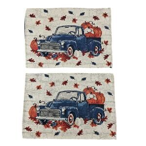 Fall Pumpkin Blue Truck Tapestry Placemats Autumn Leaves Vintage Pickup Truck